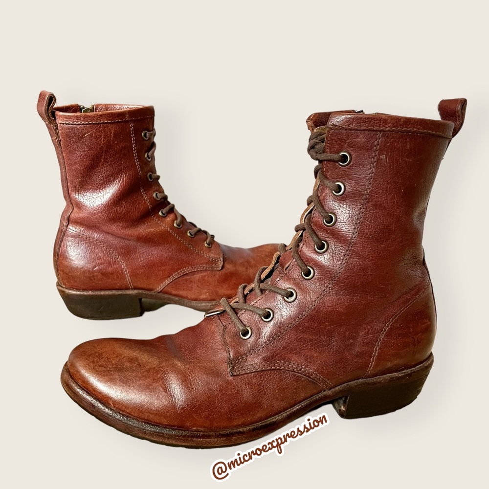 Frye Carson Lug Lace Up Brown Real Leather Combat Granny Pull On Cute Ankle Boot - Picture 6 of 13